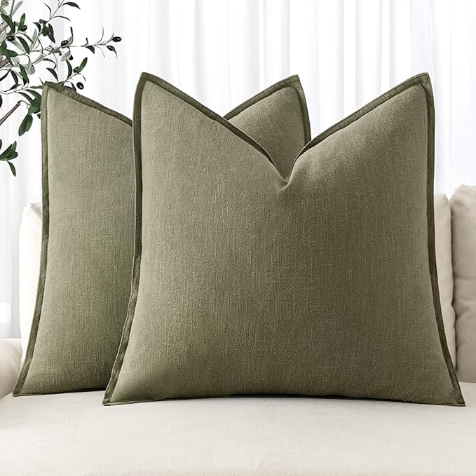 MIULEE Decorative Linen Pillow Covers 20x20 Inch Light Olive Green Boho Farmhouse Neutral Couch Throw Pillows for Bed Pack of 2 Accent Modern Pillowcase Summer Sofa Livingroom Home Decor