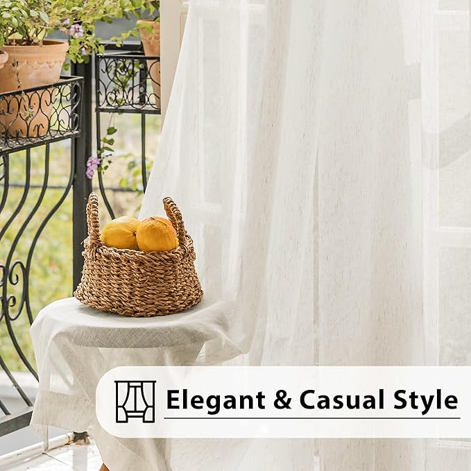 FMFUNCTEX Linen Sheer Curtains for Bedroom, Beige Curtains 72 inches Long for Living Room, Natural Flax Blend Window Draperies for Farmhouse Curtain, Rod Pocket 2 Panels