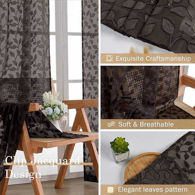 Chyhomenyc Chocolate Short Curtains 45 Inch Length 2 Panels, Light Filtering Leaf Textured Window Curtain Panels for Bedroom Living Room, Elegant Rod Pocket Farmhouse Curtains, 30" Wx45 L, 2 PCS