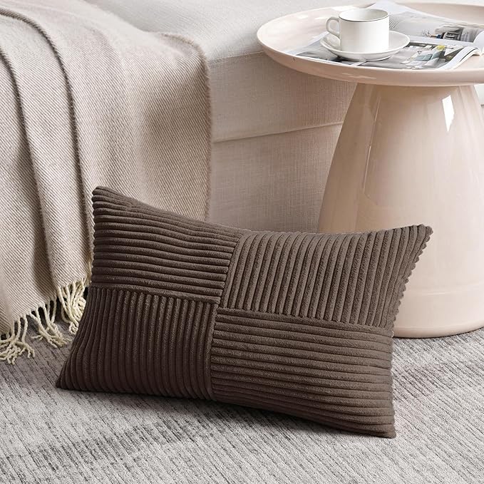 Fancy Homi 2 Packs Dark Brown Lumbar Decorative Throw Pillow Covers 14x22 Inch for Living Room Couch Bed, Rustic Farmhouse Boho Home Decor, Soft Striped Corduroy Rectangle Accent Cushion Case 35x55 cm