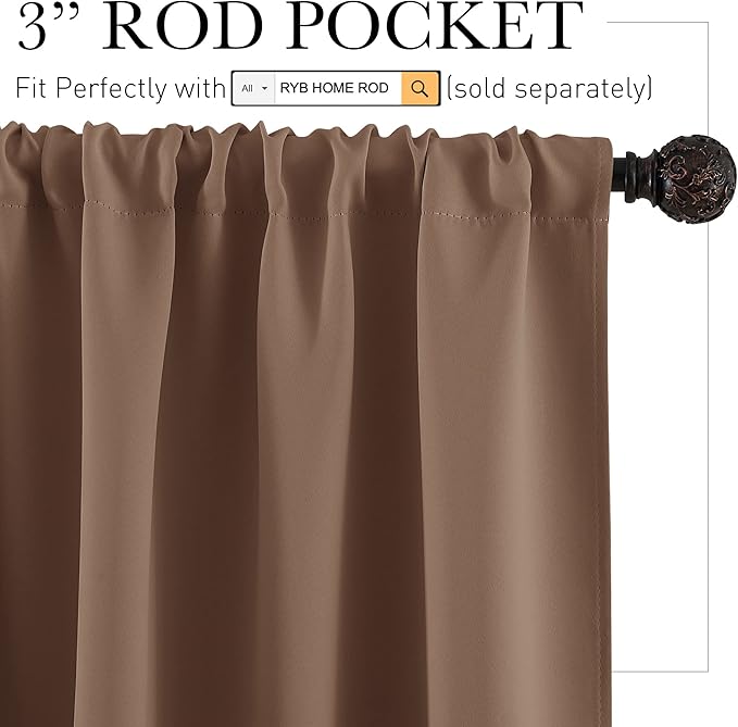 RYB HOME Blackout Cafe Curtains 30 inch Length, Short Light UV Heat Blocking Energy Saving Privacy Curtain Tiers for Basement Bathroom Kitchen Window, Width 29 by Length 30, Mocha, 2 Panels