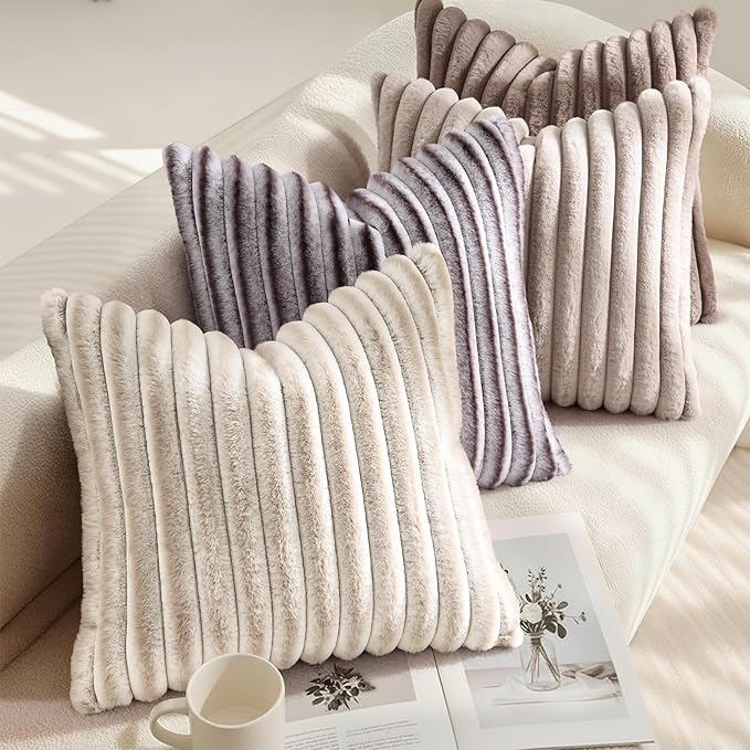 decorUhome Cozy Faux Fur Throw Pillow Covers 26x26 Set of 2 Decorative Soft Plush Striped Modern Farmhouse Boho Couch Euro Sham Pillow Cases with Velvet Back for Sofa Bed Living Room, Light Coffee