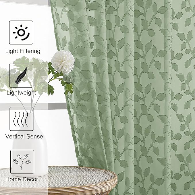 Chyhomenyc Sage Green Sheer Curtains 96 Inch Length 2 Panels Set, Light Filtering Tufted Textured Soft Airy Rod Pocket Gentle Leaf Window Treatment Drapes for Bedroom Living Room, 52" Wx96 L, 2PCS