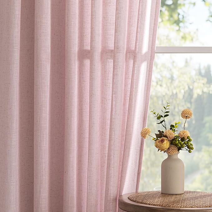 MYSKY HOME Extra Long Country Curtains for Sliding Glass Door Windows, Back Tab Semi Sheer Living Room Curtain Panels Ceiling to Floor Length Drapes Linen Texture Soft, 50 x 108 in, Pink, Set of 2
