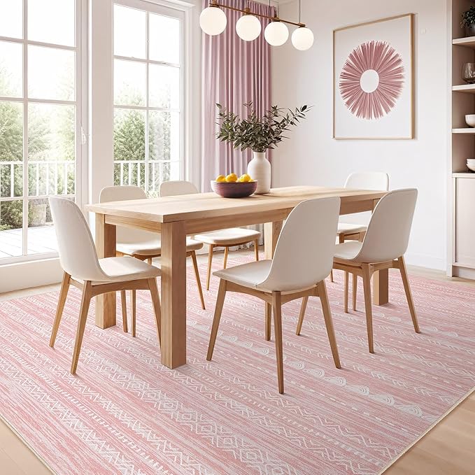 Nakagishi Pink Rugs for Bedroom Girls: 7x10 Washable Boho Large Neutral Cute Soft Area Rug Modern Indoor Floor Non Slip Accent Carpet for Living Room Nursery Kids Playroom Preppy Room Dorm Baby Room
