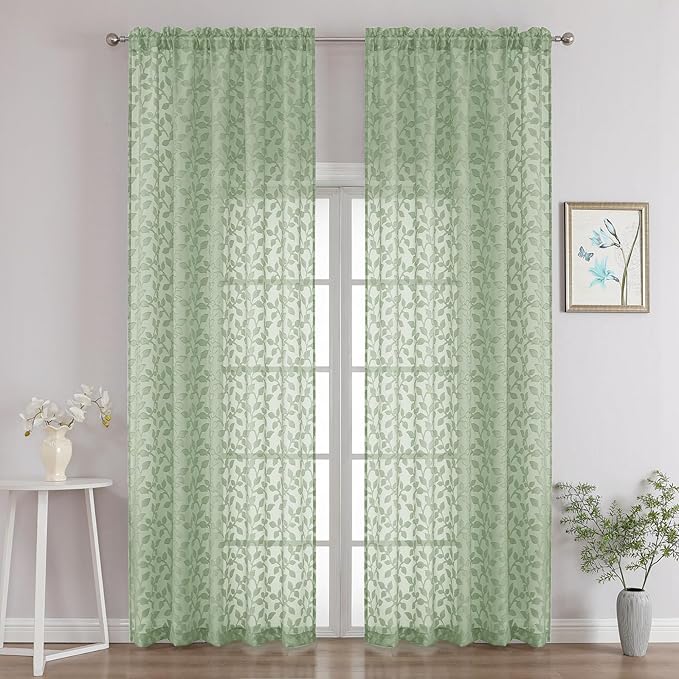 Chyhomenyc Sage Green Sheer Curtains 96 Inch Length 2 Panels Set, Light Filtering Tufted Textured Soft Airy Rod Pocket Gentle Leaf Window Treatment Drapes for Bedroom Living Room, 52" Wx96 L, 2PCS