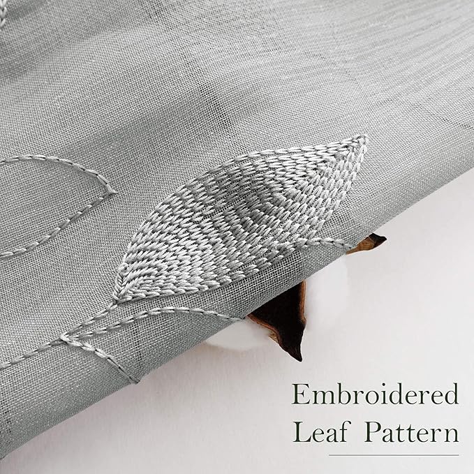 HOMEIDEAS Light Grey/Gray Sheer Curtains 52 X 84 Inches Long 2 Panels Embroidered Leaf Pattern Pocket Faux Linen Floral Semi Sheer Voile Window Curtains/Drapes for Bedroom Living Room
