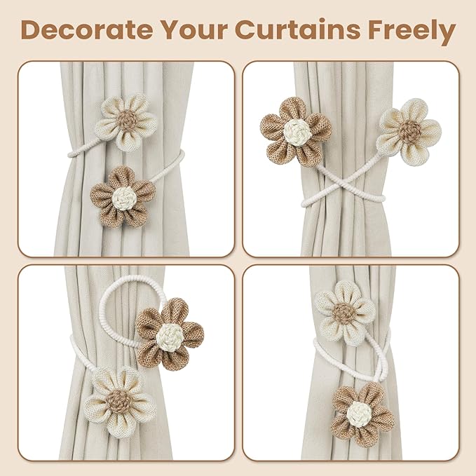 KLOGTSIND Flower Curtain Tiebacks, 6 Pack Boho Curtain Ties Elegant DIY Curtain Holdbacks, Decorative Window Drape Twist Tie Backs for Bedroom Decor, Nursery Decor, Farmhouse Decor