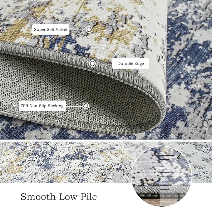 Toneed Entryway Runner Rug 2x6 for Hallway Kitchen, Washable Non-Slip Rug Runner for Indoor Entrance, Laundry Room, Bedroom, Low Pile, Abstract Blue White Gold