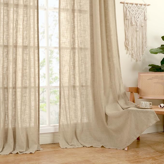 LAMIT 54 Inch Semi Sheer Window Linen Curtains, Light Filtering Panels Back Tab and Rod Pocket Neutral Drapes for Bedroom/Living Room, Brown, 2 Panels, 34 x 54 Inch