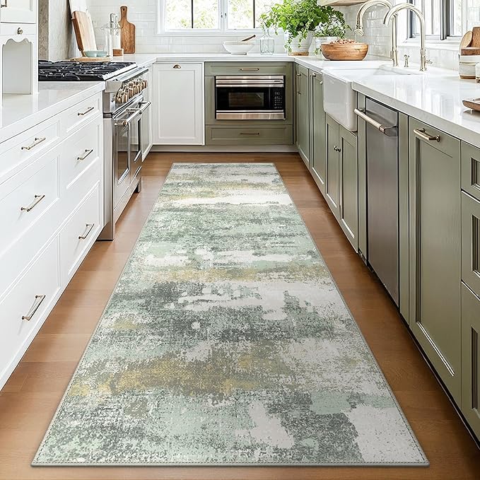 BEIMO Runner Rug for Hallway Kitchen, 2'6"x12' Machine Washable Runners Rug for Entryway, Soft Modern Abstract Throw Rugs, Low Pile Floor Cover with Non Slip Backing, Light Green