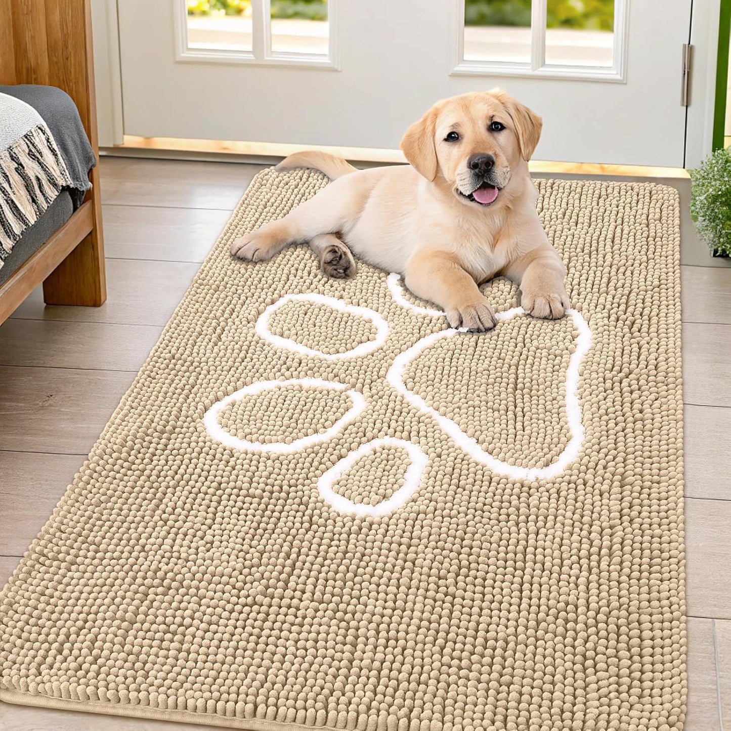 Smiry Dog Door Mat for Muddy Paws, Absorbent Dirt Trapper Non Slip Quick Dry Washable Chenille Mat for Mud Dogs, Entry Rug for Indoor and Outdoor (47x32 Inches, Beige)
