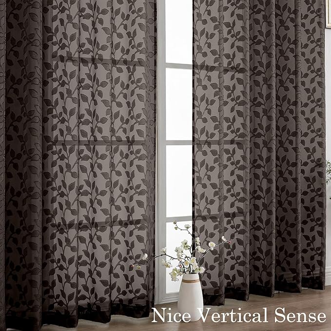 Chyhomenyc Chocolate Sheer Curtains 30 Inch Length, Light Filtering Leaf Tufted Textured Small Window Kitchen Curtain Over Sink, Short Half Window Curtains for Bathroom Basement, 30" Wx30 L, 2 Panels