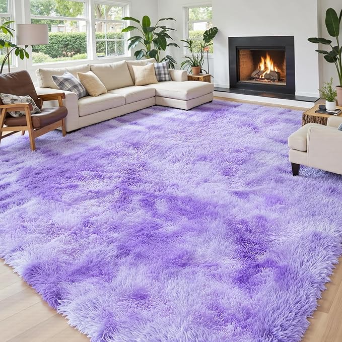 Area Rugs 9x12 Living Room, Large Area Rug Shag Shaggy Carpet Soft Plush Furry Bedside Rug, Machine Washable Area Rugs for Bedroom Kids Girls Boys Anti Slip(9 x 12, Purple Starry)