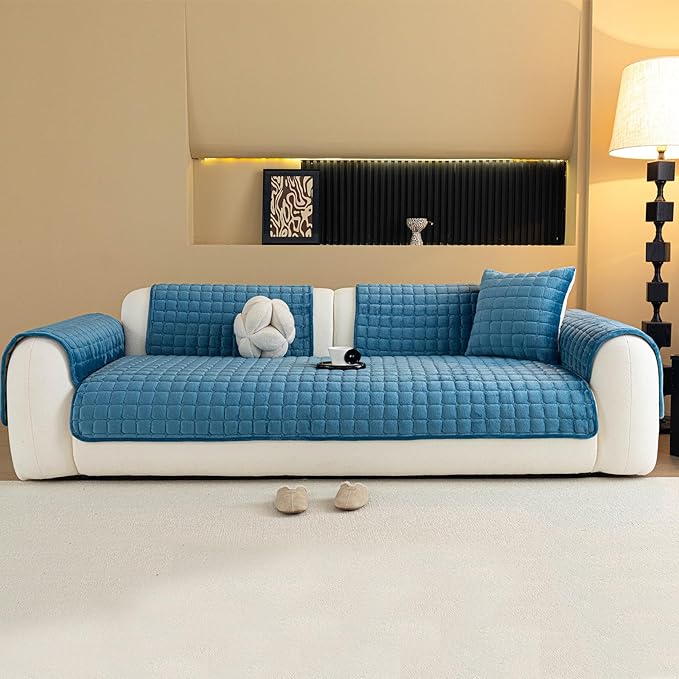Velvet Couch Cover, Plush Sectional Sofa Cover Washable, Anti Slip Sofa Slipcover for Armrest & Backrest, Furniture Protector Covers for Pets & Kids(1PC, Black, 27.6"×27.6", Single Seater)