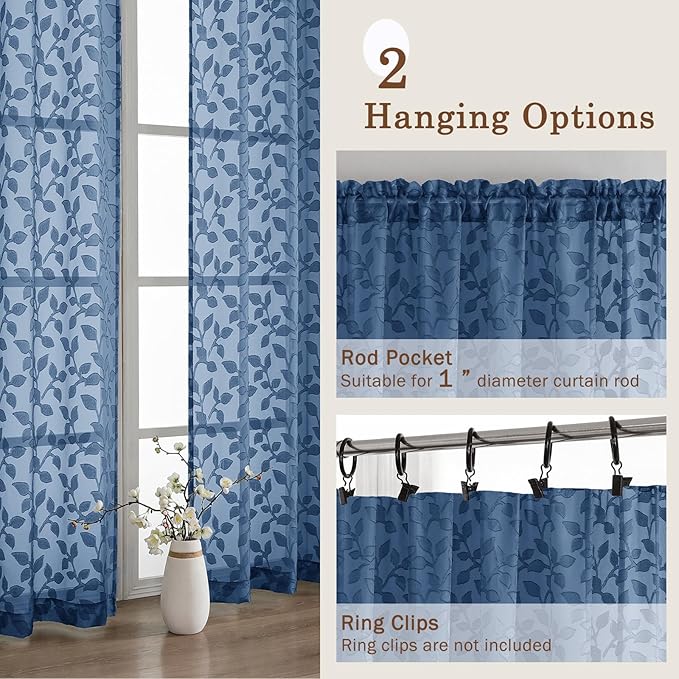 Chyhomenyc Dusty Blue Sheer Curtains 96 Inch Length 2 Panels Set, Light Filtering Tufted Textured Soft Airy Rod Pocket Gentle Leaf Window Treatment Drapes for Bedroom Living Room, 42" Wx96 L, 2PCS