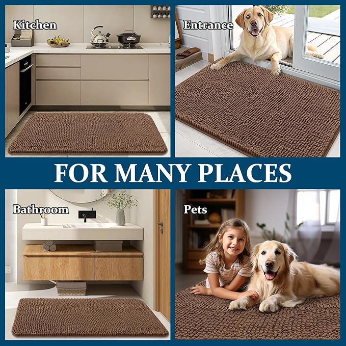 OLANLY Dog Door Mat for Muddy Paws 59x35, Absorbs Moisture and Dirt, Absorbent Non-Slip Washable Doormat, Quick Dry Chenille Mud Mat for Dogs, Entry Indoor Entryway Carpet for Inside Floor, Mocha