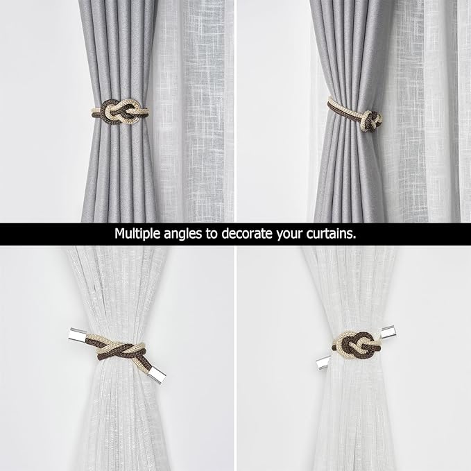 NICEEC 4 Pack Mini Magnetic Curtain Tiebacks Nordic Simple Style Drape Tie Backs Elegant Hand Weave Rope Knot Decorative Curtain Holdbacks for Home & Office Thin Window Drapery (Coffee & Beige)