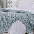 Bigacogo Chunky Knit Throw Blanket for Couch, 51x63 inches, 100% Hand Knitted with Thick Jumbo Chenille Yarn, Cozy Soft Large Rope Knot Cable Crochet Blankets for Sofa Bed Living Room, Dusty Blue