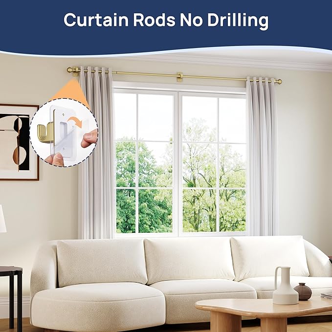 ENJOYBASICS No Drill Curtain Rods for Window 48 to 84 Inches, 5/8 Inch Diameter Renter Friendly Drapery Rod with Adhesive Brackets without Drilling, Adjustable from 27 to 90 Inches, Gold