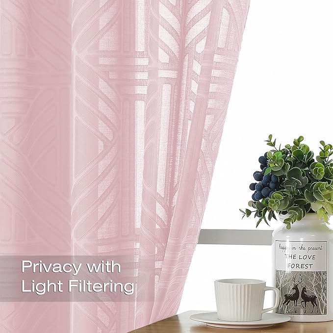 Simplebrand Blush Semi Sheer Curtains 45 Inch Length 2 Panels, Geometric Jacquard Clip Textured Short Sheer Curtains for Bedroom，Modern Elegant Window Curtains Drapes/Treatment Sheer，42x45 inch