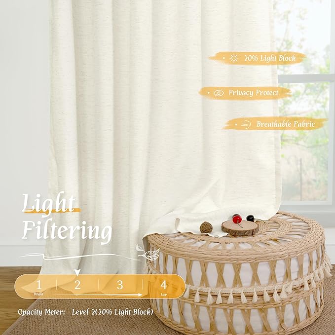 LAMIT Cream Linen Curtains 48 Inch Length 2 Panels, Light Filtering Faux Linen Textured Panels Rod Pocket Neutral Privacy Drapes for Kitchen/Window/Loft Room/Bedroom, 42 x 48 Inch