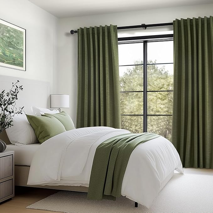 Topfinel 90 Inch Long Linen Blackout Curtains 2 Panels Set, Back Tab Pinch Pleated with Hooks, Thermal Insulated Modern Neutral Decor Window Curtain Drapes for Bedroom,- Loden/Olive Forest W52 x L90