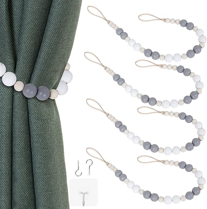 OCIOLI 4 Pieces of Wood Bead Curtain Tieback Boho Curtain Holdbacks Curtain Hooks for Wall Curtain Ties Curtain Tie Backs for Bedroom Decor Boho Nursery Decor(White, Grey, Wood Color, 4)