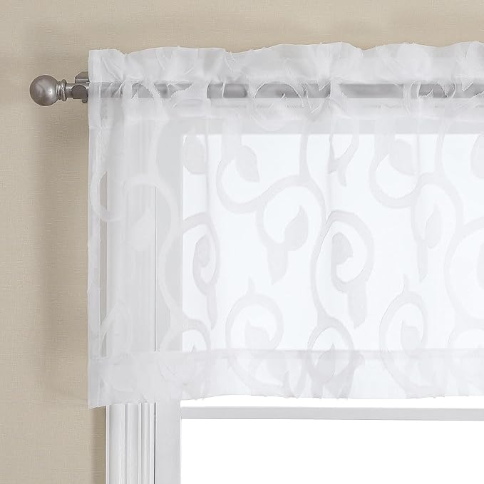 OWENIE Furman White Sheer Curtains Valances for Windows, Small Short Sheer Curtains for Living Room Bedroom, Airy Solid Curtains with Geometric Jacquard Clip Design, 2 Pcs Each 40Wx14L inch