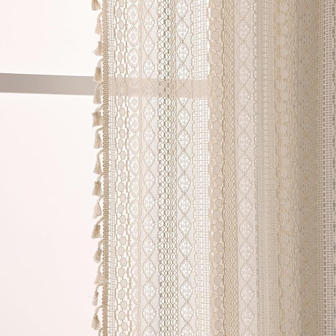 WAZZIO Boho Lace Curtains 63 Inches 2 Panel,Light Filtering Privacy Tassel & Geometry Crochet Semi Sheer Curtain Drapes for Bedroom Living Dining Room,Rod Pocket & Tassel,Vintage French Country,Beige