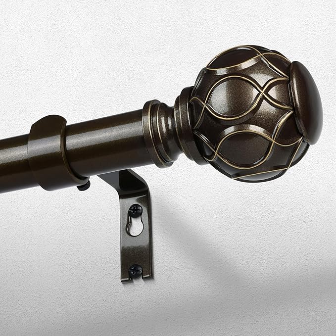 Long Bronze Curtain Rod, Heavy Duty 1 Inch Decorative Curtain Rods for Windows 72 to 144 Inch, Single-Side Adjustable Vintage Rustic Antique Brown Drapery Pole with Netted Texture Finials