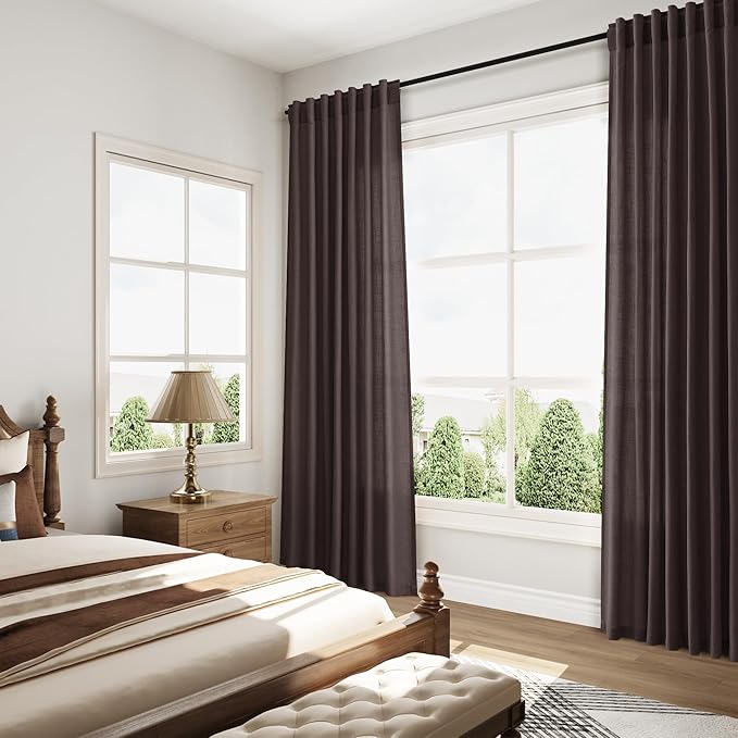 Cocoa Coffee Linen Curtains 90 Inch Long 2 Panels Set for Bedroom Living Room, Soft Linen Textured Window Drapes Semi Sheer Light Filtering Rod Pocket Back Tab Morden Style 52x90