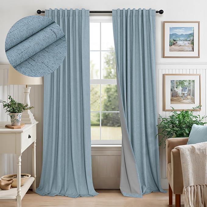 Dusty Stone Blue Completely Blackout Curtains Back Tab Loop Pocket Bedroom Draperies Window Treatment Soundproof Thermal Black Out Long Curtains for Living Room Nursery 52 x 102 Inch Length 2 Panels