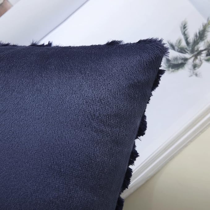 decorUhome Summer Throw Pillow Covers 16x16 Inch Set of 2, Soft Plush Faux Wool Navy Blue Solid Couch Pillow Covers, Accent Farmhouse Neutral Square Pillow Cases for Sofa Bed Living Room