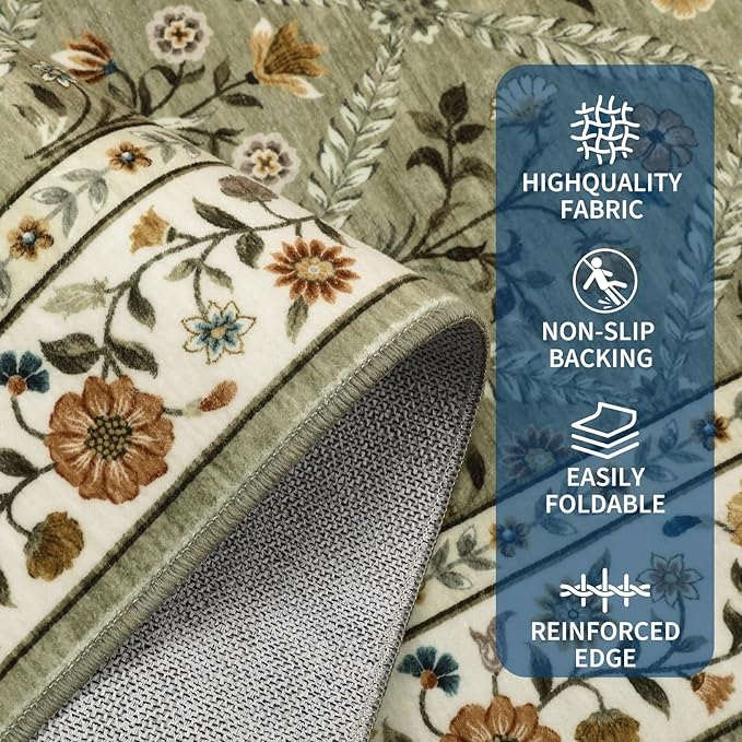 Large Entryway Rug 3x5 Floral Washable Area Rugs Vintage Soft Non-Slip Small Floor Carpet Doormat Stain Resistant Low-Pile Ultra-Thin Entry Mat for Bedside Kitchen Green