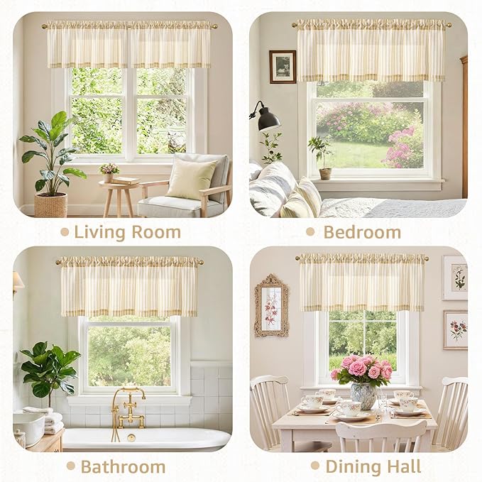 jinchan Linen Stripe Valance for Window 16 Inch Modern Rustic Farmhouse Valance for Kitchen Living Room Bathroom Window Treatment Light Filtering Rod Pocket 1 Panel Mustard Yellow on Linen