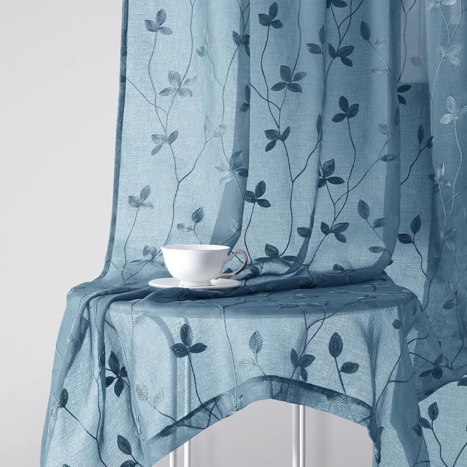 HOMEIDEAS Cyan Blue Sheer Curtains 52 X 96 Inches Length 2 Panels Embroidered Vine Floral Pattern Pocket Faux Linen Semi Sheer Voile Window Drapes for Bedroom Living Room