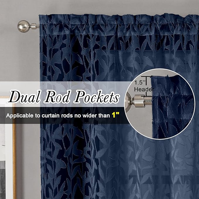 Lecloud Leia 2 PCS Navy Blue Kitchen Curtains 36 Inch Length, Lightweight Clip Textured Living Room Sheer Curtain Tiers with Dual Rod Pockets, Jacquard Leaf Voile Cafe/Bedroom Drapes, 38X36 Inches