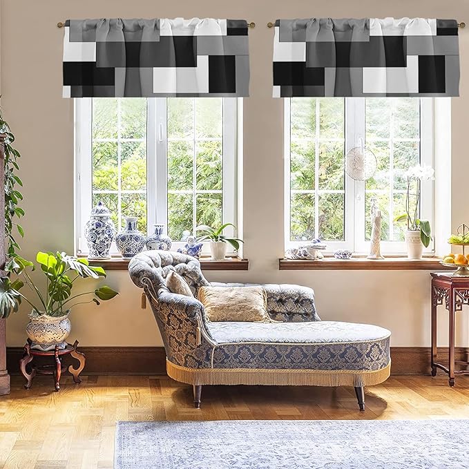 Emvency 4 Pack Valances Window Treatments, Gray and Black Geometry Abstract Modern Art Blackout White Adjustable for Living Room Bathroom Kitchen Over Sink, 52x18 Inch Rod Pocket Valances