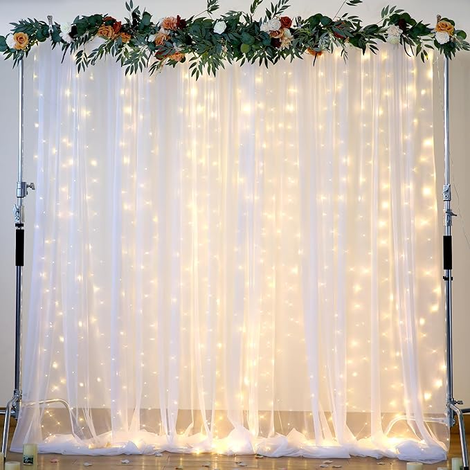 20ft x 12ft White Tulle Backdrop Curtain for Parties Sheer Fabric Backdrop Curtains for Wedding Baby Shower Bridal Shower Birthday Photo Backdrop Drapes Background Wall Decorations 4 Panels 5ft x 12ft