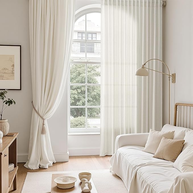 Nanspring Natural Linen Curtains 90 Inches Long for Living Room Country Semi Sheer Light Filtering Curtains Farmhouse Decor Boho Curtain for Bedroom Back Tab and Rod Pocket 52x90, 2 Panels