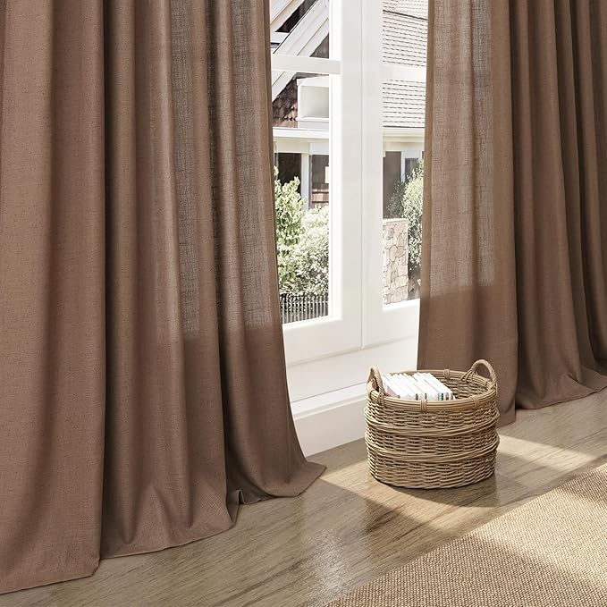 Caramel Brown Linen Curtains 96 Inches Long for Living Room Rod Back Tab Burlap Textured Linen Drapes Vintage Rustic Farmhouse Light Filtering Curtain 96 Inch Length for Dinning Room Bedroom 52x96