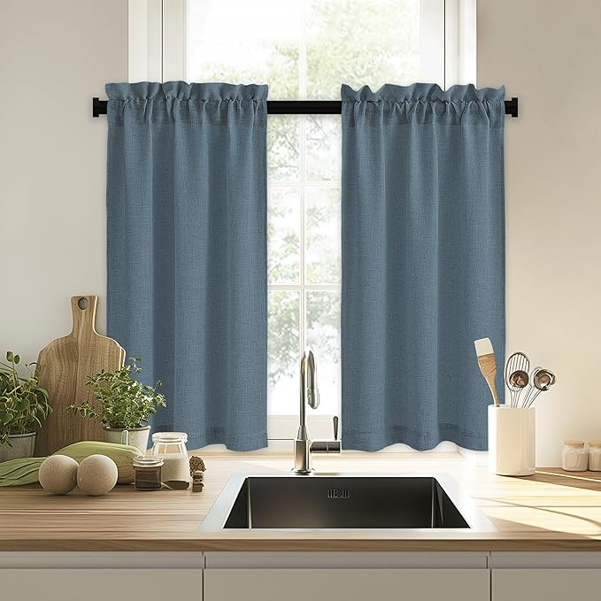 RYB HOME Bathroom Curtains Over Sink 36 inches Length, Linen Blend Semi Sheer Light Filtering Tiers for Camper Kithen Cafe, Small Curtains for Door Window, W 26 x L36, Stone Blue, 2 Panels Set