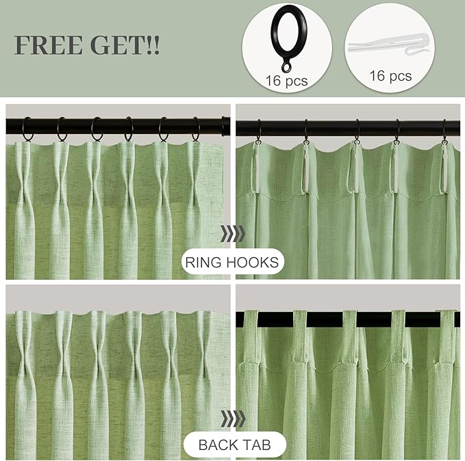 Sage Green Pinch Pleated 84 Inch Curtains for Living Room, Privacy Semi Sheer Curtain with Pleated Hooks Modern Linen Blend Memory Trained Back Tab Drapes for Bedroom Office, 2 Panels, W40xL84