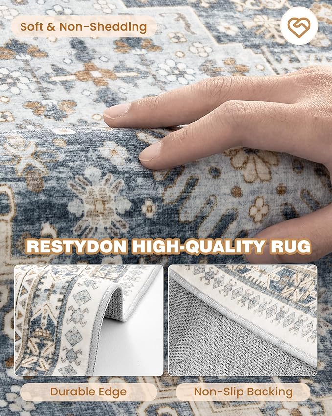 Runner Rug 2x6, Ultra-Thin Entryway Rug Non Slip Washable Rugs for Laundry Room, Runners for Hallways, Vintage Soft Rugs for Living Room, Kitchen, Bedroom(Blue/Beige,2'x6')
