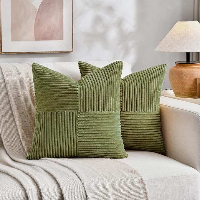 Fancy Homi 2 Packs Moss Green Decorative Throw Pillow Covers 16x16 Inch for Living Room Couch Bed, Rustic Farmhouse Boho Home Decor, Soft Corss Patchwork Corduroy Textured Square Cushion Case 40x40 cm