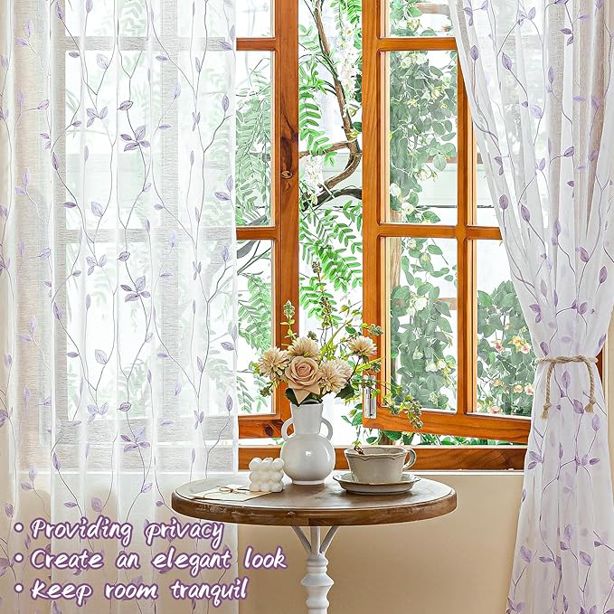 AmHoo 2 Panels Embroidered Leaf Pattern Semi Sheer Curtains Foliage Floral Voile Window Draperies Treatment for Bedroom Living Room Rod Pocket White Lavender Purple 53 x 95 Inch