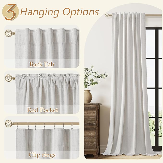 Guken 108 Inch Long Natural 100% Blackout Curtains for Living Room Bedroom Back Tab Thermal Insulated Netural Farmhouse Black Out Linen Drapes Room Darkening Window Curtain 2 Panels Set, 9 FT