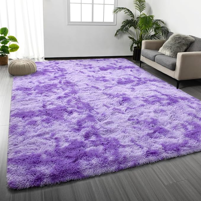 Deerhoo Large Shag Area Rugs 5 x 8, Tie-Dyed Plush Fuzzy Rugs for Living Room, Ultra Soft Fluffy Furry Rug for Bedroom, Indoor Carpet Nursery Rugs for Kids Room Home Decor, Purple