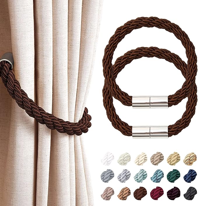 NICEEC 2 Pack Strong Magnetic Curtain Tiebacks Modern Simple Style Drape Tie Backs Convenient Decorative Weave Rope Curtain Holdbacks for Thin or Thick Home & Office Window Draperies (Deep Coffee)